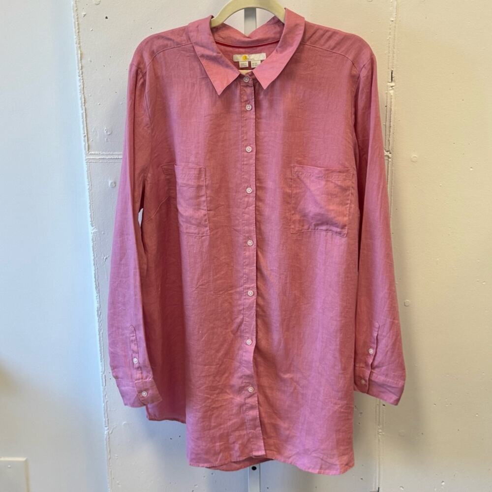 Boden LONG Plus Size Linen Minimalist Button Down Shirt Blouse Pink 20/22